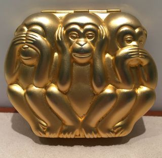 Vtg Estee Lauder Gold See Hear Speak No Evil 3 Monkeys Pressed Powder Compact