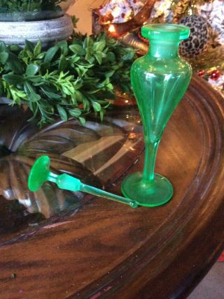 Vintage Elegant Green Glass Perfume Bottle,  6.  5” Tall