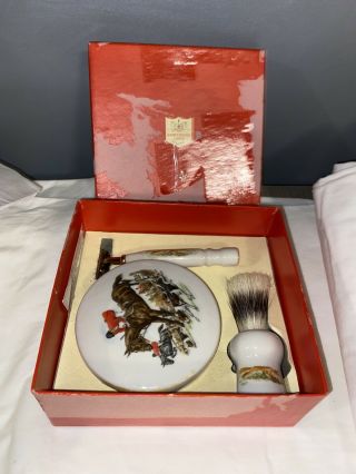Vintage 3 Pc Rooney Brushes Fox Hunt Porcelain Shave Brush Soap Bowl Razor Set