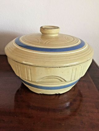 Vintage Yellow Ware Bowl W Lid Oven Ware 7 Usa Blue & White Stripes Stoneware