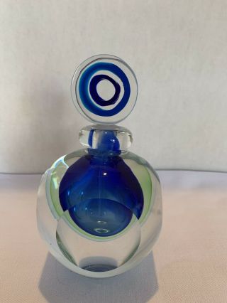 Murano Glass Perfume Bottle With Bullseye Stopper.  Blue And Green Colors