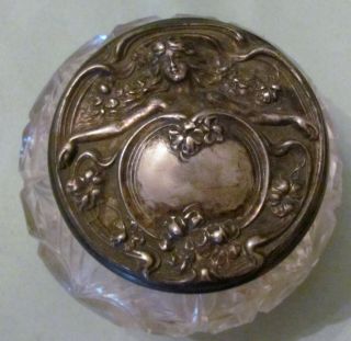Vintage Art Deco Glass And Silverplate Dresser Jar,  Bare Breasted Lady