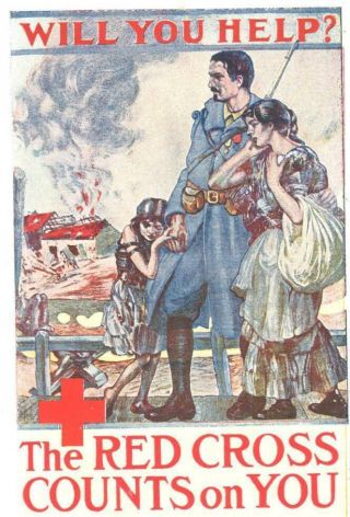 VINTAGE ADVERTISING RED CROSS POSTER - STYLE POSTCARD SOLDIER WARM VICTIMS 2