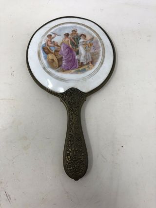 Vintage Antique Victorian Ladies Painted Porcelain Brass Hand Mirror Ornate