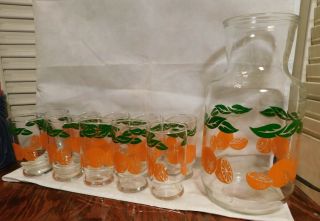11 Piece Vintage Anchor Hocking Orange Juice 10 Glasses & Pitcher Set 1950 