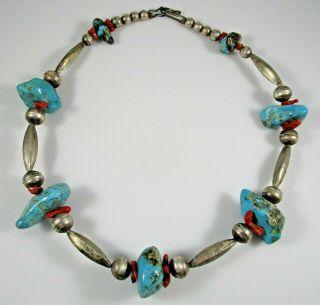 Native Southwest Necklace Turquoise Coral Large Chunk Vintage Sterling 57.  3g