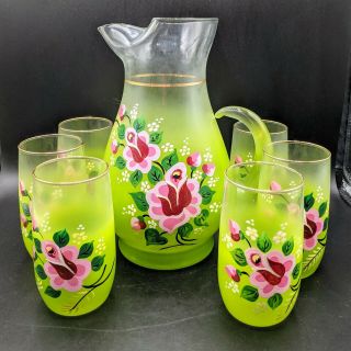 Vtg 6 Mid Century Hand Painted Floral Blendo Pitcher Cup Set Glass Lime Green