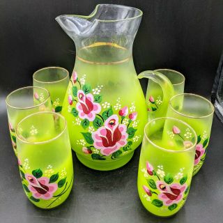 Vtg 6 Mid Century Hand Painted Floral Blendo Pitcher Cup Set Glass Lime Green 2