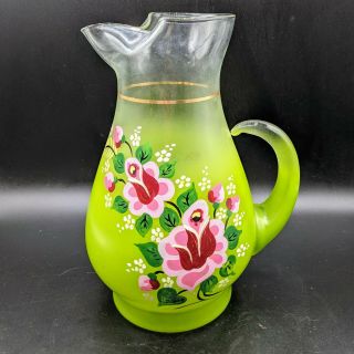 Vtg 6 Mid Century Hand Painted Floral Blendo Pitcher Cup Set Glass Lime Green 3