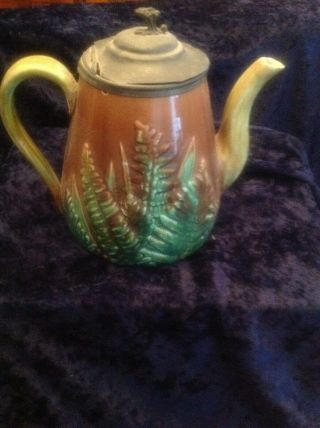 Vintage Majolica Pottery Tea Pot Ferns.  - Pewter Lid