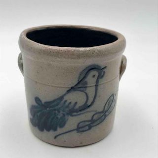 Vintage Rowe Pottery Wi Salt Glazed Stoneware One Cup Floral Mini Crock W Bird