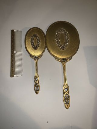 Vintage Vanity Gold Hand Mirror Brush Comb Pearls Victorian