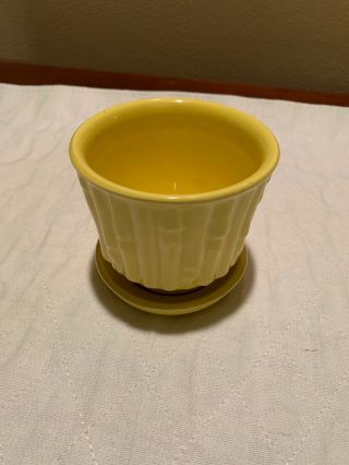 Vintage Mccoy Pottery Yellow Bamboo Planter W/attached Saucer 0372