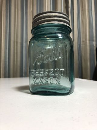 Vintage 1923 - 1933 One Pint Blue Ball Perfect Mason Canning Jar 2 with Zinc Lid 3