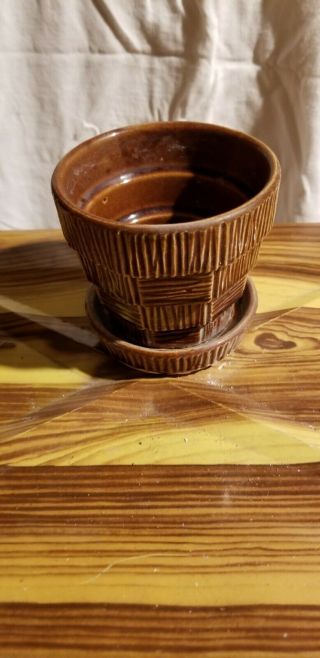 Vintage Mccoy Brown Basketweave Flower Pot And Saucer 3 1/4 X 3 1/2
