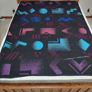 Biederlack Blanket Geometric Shapes Teal Purple Pink Black Reversible Vtg 55x76