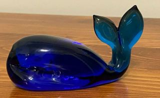 Vintage Pilgrim Hand Blown Cobalt Blue Art Glass Whale Paperweight Coastal Decor