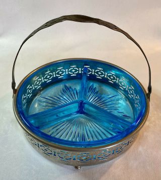 Vintage Depression Glass Divided Candy Nut Dish Metal Holder Rare Turquoise Blue