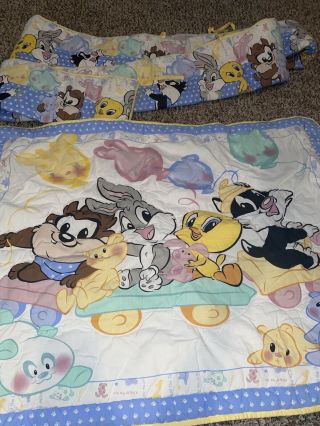 2 Pc Vintage Baby Looney Tunes Crib Comforter Quilt Blanket Tweety Bugs Bumpers