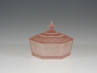 Vintage Depression Deco Pink Glass Powder Jar Geometric Motifs C.  1935
