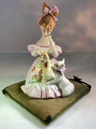 Vintage Lenwile Ardalt Hand Painted Girl With Basket And Cat Figurine On Pillow
