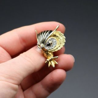 Vintage Signed Jomaz Figural Owl Brooch Rhinestones Black Enamel Goldtone Pin