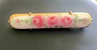 Antique Porcelain Hand Painted Bar Pin Brooch Pink Roses