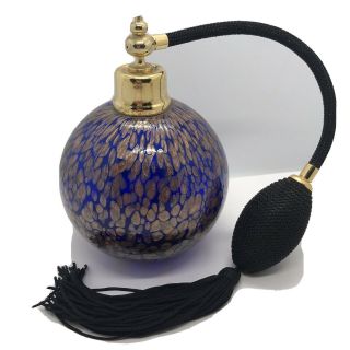 Cobalt/ Gold Fleck Murano Glass Perfume Bottle Atomizer With Pump And Tassel A2