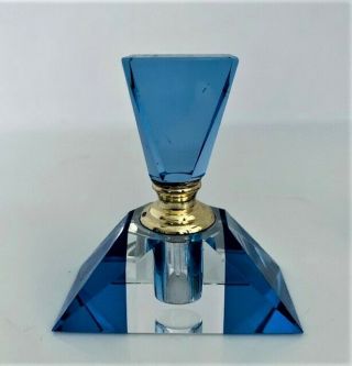 Vintage Blue Cut Crystal Perfume Bottle With Gold Trim