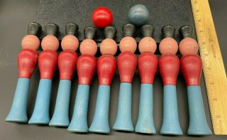 9 Vintage Antique Solid Wood Kids Bowling Set 7 " Inch Pins