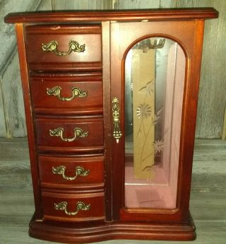 Vintage Cherry Wood 5 Drawer Jewelry Box Necklace Hanger With Glass Door