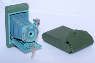 Kodak Petite " Lightning Bolt " Folding Vest Pocket Camera In Blue Color With Case