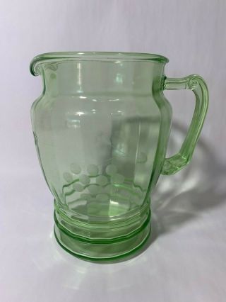 Vintage Green Depression Glass Pitcher,  Etched Grape And Vine Design