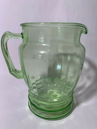 Vintage Green Depression Glass Pitcher,  Etched Grape and Vine Design 3