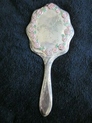 Hand Held Oval Silver Vintage Vanity Mirror With Floral Decoration