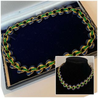 Vintage Jewellery Gold Tone Blue & Green Enamel Choker Necklace