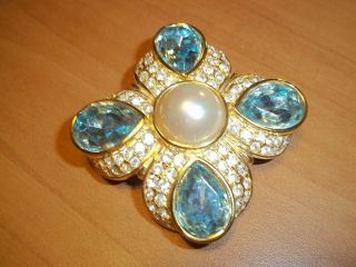 Vintage Nolan Miller Blue Rhinestone Faux Pearl Brooch Pin Pendant