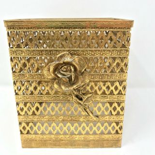 Vintage Ormolu Gold Rose Filigree Square Tissue Cover Box