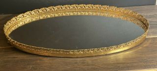 Vintage Hollywood Regency Metal Gold Tone Oval Vanity Mirror/ Perfume Tray