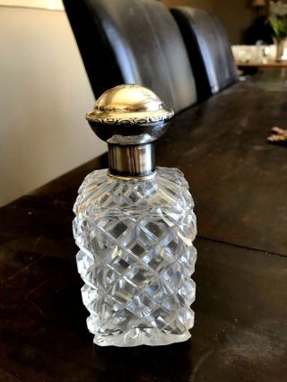 Antique Cut Crystal Perfume Bottle W Sterling Collar & Top Glass Stopper