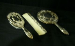 Vintage Silver Plated Vanity Set,  Hand Mirror,  Comb And Brush