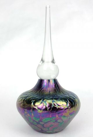 Vines Iridescent Purple Art Glass Perfume Bottle W/ Dauber Stopper Signed