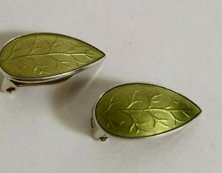 Ivar T Holth Norway Sterling Silver Oilve Green Enamel Clip On Earrings Vintage 3