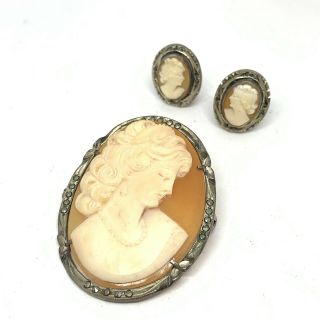 Vintage Silver Carved Cameo Brooch And Earring Set 46