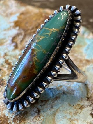 Vintage Navajo Handmade Tall Sterling Silver Green Turquoise Ring Size 8.  25