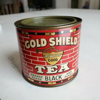Vintage Gold Shield Black Tea Tin Always Good Tea Schabacher Bros.  & Co.  4 Oz.