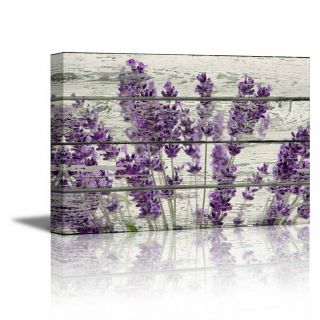 Wall26 Canvas Wall Art - Retro Style Purple Flowers On Vintage Wood Background