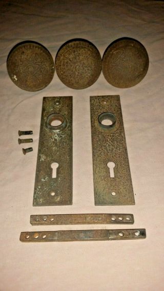 Vintage Victorian Era Decorative Metal Doorknobs With Shafts And Plates