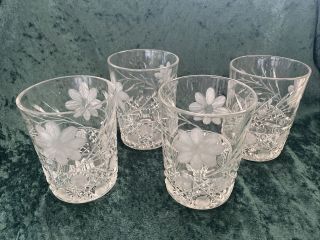 Vintage Crystal Cut Floral Pattern Whiskey Glasses Set 4 Liquor Barware