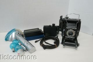 Vintage Graflex Group Speed Graphic Camera W/ Kodak Ektar F:4.  5 100mm Lens Flash
